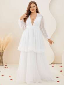 Plus Plunge Neck Cut Out Back Layered Hem Mesh Wedding Dress - White - View 6