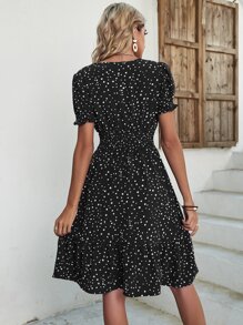 Breezaya 波卡圓點泡泡袖A字連衣裙 - 黑色 - 查看 2