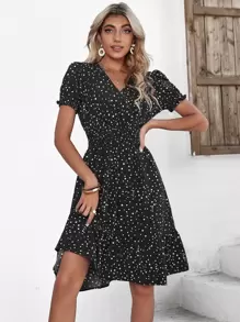 Breezaya 波卡圓點泡泡袖A字連衣裙 - 黑色 - 查看 4