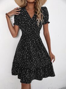 Breezaya 波卡圓點泡泡袖A字連衣裙 - 黑色 - 查看 6