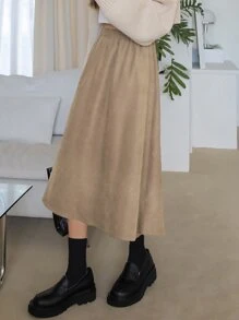DAZY 鬆緊腰灰絨短裙 - 卡其色 - 查看 1