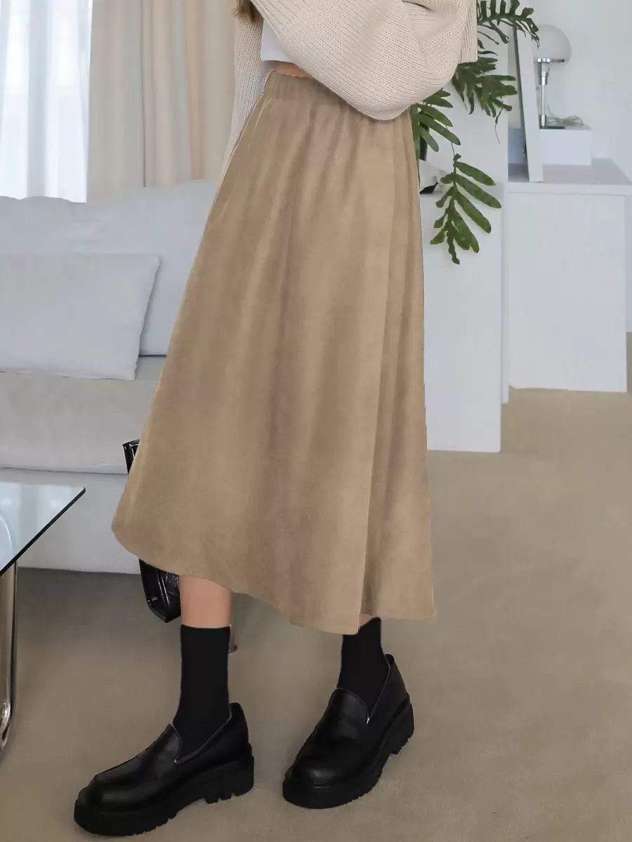 DAZY 鬆緊腰灰絨短裙 - 卡其色 - 查看 1