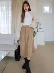 DAZY 鬆緊腰灰絨短裙 - 卡其色 - 查看 5