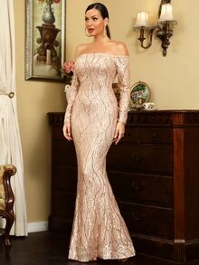 LOVE&LEMONADE 一字肩亮片魚尾裙下擺正式禮服 - 香檳色 - 查看 3