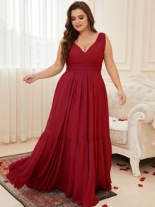 大碼褶邊荷葉邊雪紡伴娘洋裝 - 酒紅色 - 查看 1