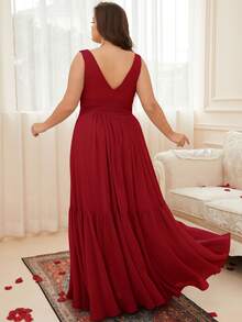 大碼褶邊荷葉邊雪紡伴娘洋裝 - 酒紅色 - 查看 2