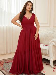 大碼褶邊荷葉邊雪紡伴娘洋裝 - 酒紅色 - 查看 3