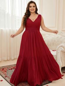 大碼褶邊荷葉邊雪紡伴娘洋裝 - 酒紅色 - 查看 4