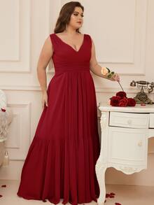 大碼褶邊荷葉邊雪紡伴娘洋裝 - 酒紅色 - 查看 5