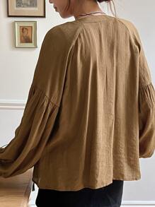 DAZY Lantern Sleeve Button Front Blouse,Fall Clothes Long Sleeve Top - Brown - View 6
