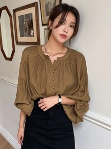 DAZY Lantern Sleeve Button Front Blouse,Fall Clothes Long Sleeve Top - Brown - View 5