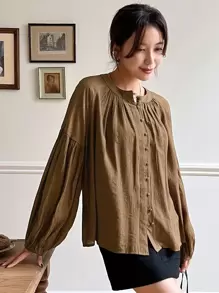 DAZY Lantern Sleeve Button Front Blouse,Fall Clothes Long Sleeve Top - Brown - View 7