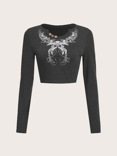 Camiseta con estampado de mariposa de cuello de muesca