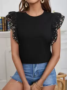 SHEIN Frenchy Ditsy Floral Print Butterfly Sleeve Tee Summer Casual Black - Black - View 4