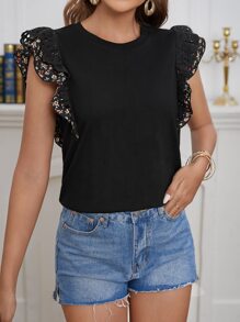 SHEIN Frenchy Ditsy Floral Print Butterfly Sleeve Tee Summer Casual Black - Black - View 5