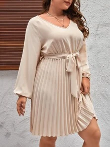 SHEIN Clasi Đầm Plus Size Thắt lưng Xếp li màu trơn Giải trí - Màu be - Xem 3