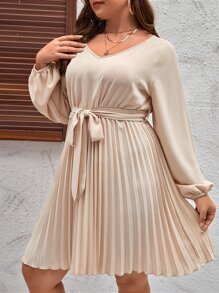 SHEIN Clasi Đầm Plus Size Thắt lưng Xếp li màu trơn Giải trí - Màu be - Xem 4