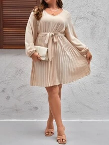 SHEIN Clasi Đầm Plus Size Thắt lưng Xếp li màu trơn Giải trí - Màu be - Xem 5