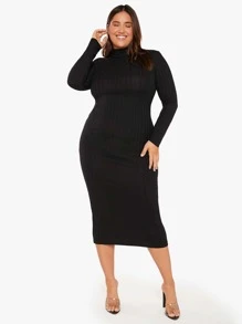 SHEIN BASICS Vestido De Cuello Alto De Punto De Costilla Para Mujer Talla Grande
