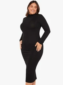 SHEIN BASICS Vestido De Cuello Alto De Punto De Costilla Para Mujer Talla Grande