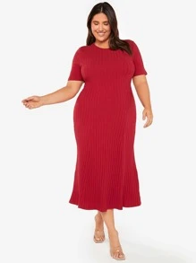 Mulvari Váy dệt kim cotton màu đỏ tía có gân - Màu Đỏ Sâu - Xem 1