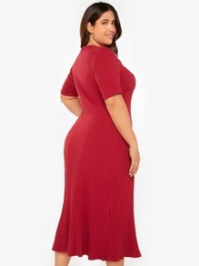 Mulvari Váy dệt kim cotton màu đỏ tía có gân - Màu Đỏ Sâu - Xem 2