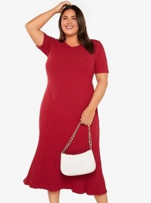 Mulvari Váy dệt kim cotton màu đỏ tía có gân - Màu Đỏ Sâu - Xem 3