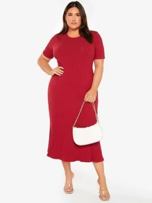 Mulvari Váy dệt kim cotton màu đỏ tía có gân - Màu Đỏ Sâu - Xem 4
