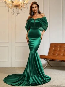 Off Shoulder Ruffle Hem Satin Prom Dress - Dark Green - View 1