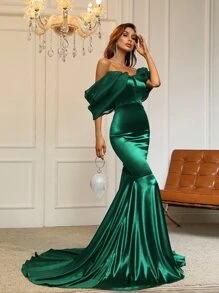 Off Shoulder Ruffle Hem Satin Prom Dress - Dark Green - View 5