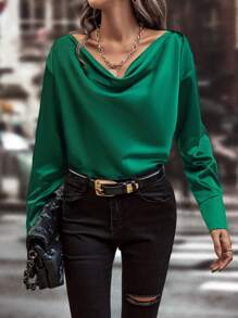 SHEIN LUNE 垂領落肩袖緞面襯衫 - 綠色 - 查看 1