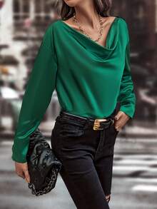 SHEIN LUNE 垂領落肩袖緞面襯衫 - 綠色 - 查看 5