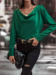 SHEIN LUNE 垂領落肩袖緞面襯衫 - 綠色 - 查看 6