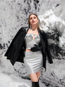 SHEINNeu Falda con top de espalda abierta con cordón ribete con fruncido de color metálico - Plateado - Ver 1