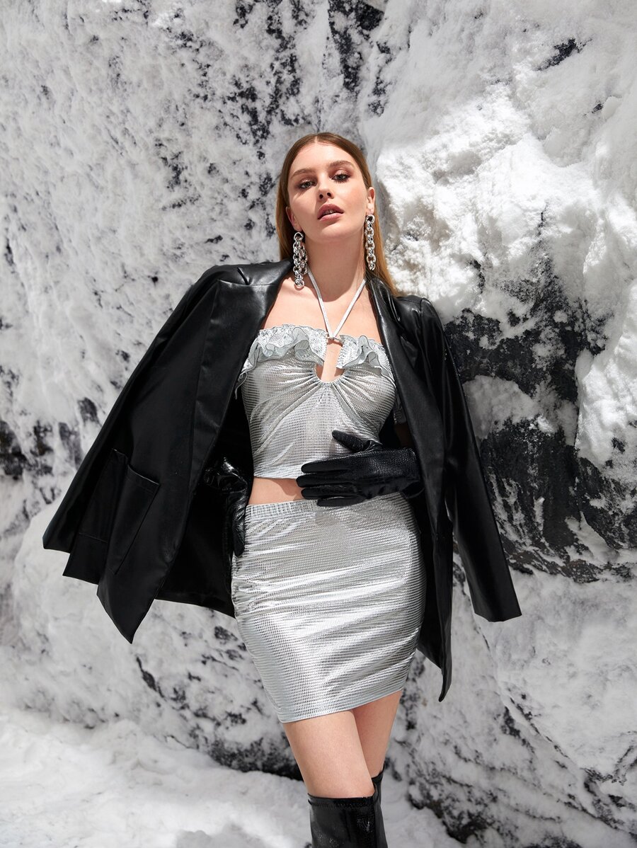 SHEINNeu Falda con top de espalda abierta con cordón ribete con fruncido de color metálico - Plateado - Ver 1