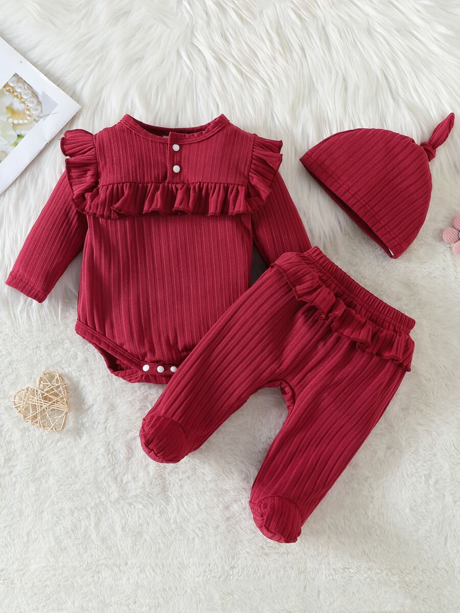 Em bé Viền Ruffle Ngủ Áo liền quần chặt & Quần có chân - Màu Đỏ Sâu - Xem 1