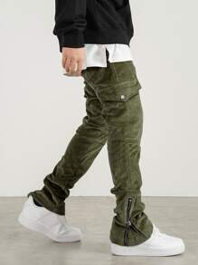 Manfinity EMRG Men Flap Pocket Side Drawstring Waist Corduroy Trousers - Army Green - View 2