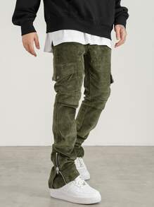 Manfinity EMRG Men Flap Pocket Side Drawstring Waist Corduroy Trousers - Army Green - View 3