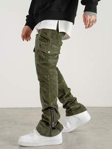 Manfinity EMRG Men Flap Pocket Side Drawstring Waist Corduroy Trousers - Army Green - View 4