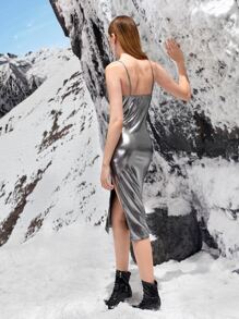 SHEIN X Antonella SHEINNeu Draped Collar Split Thigh Metallic Bodycon Dress - Silver - View 4