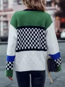 SHEIN LUNE 格纹拼色落肩开衫、长袖上衣 - 彩色 - 查看 2