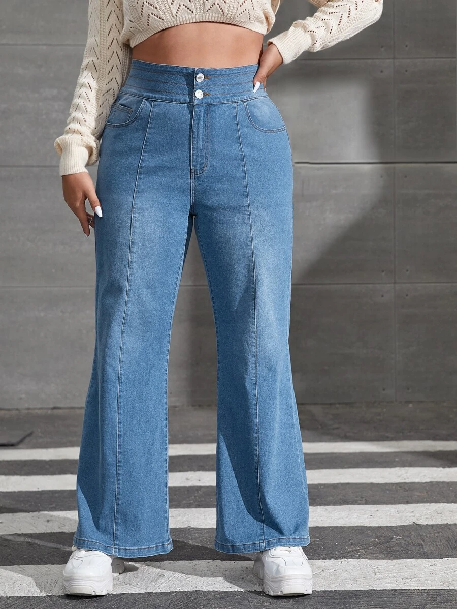 SHEIN EZwear Plus Button Front Flare Leg Jeans - Medium Wash - View 1