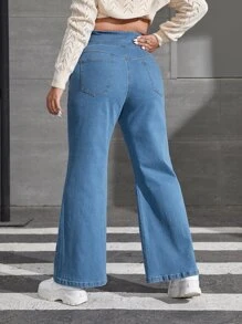 SHEIN EZwear Plus Button Front Flare Leg Jeans - Medium Wash - View 2