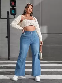 SHEIN EZwear Plus Button Front Flare Leg Jeans - Medium Wash - View 3