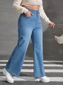 SHEIN EZwear Plus Button Front Flare Leg Jeans - Medium Wash - View 4