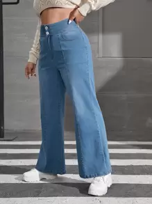 SHEIN EZwear Plus Button Front Flare Leg Jeans - Medium Wash - View 5