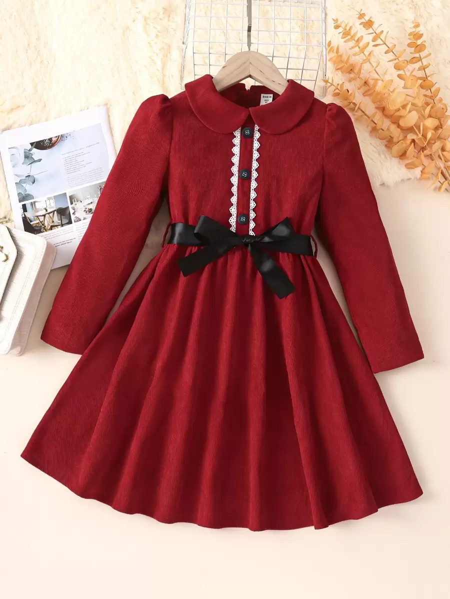 女孩娃娃領泡泡袖繫腰帶洋裝