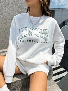 SHEIN Unity Áo nỉ tay rớt giữ nhiệt in chữ, không kèm quần short, thích hợp cho lễ tốt nghiệp, giáo viên, tựu trường mùa thu. - trắng - Xem 1