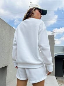 SHEIN Unity Áo nỉ tay rớt giữ nhiệt in chữ, không kèm quần short, thích hợp cho lễ tốt nghiệp, giáo viên, tựu trường mùa thu. - trắng - Xem 2