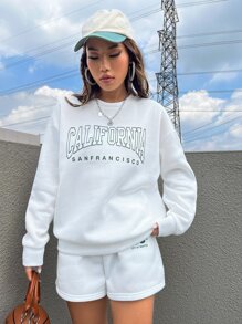 SHEIN Unity Áo nỉ tay rớt giữ nhiệt in chữ, không kèm quần short, thích hợp cho lễ tốt nghiệp, giáo viên, tựu trường mùa thu. - trắng - Xem 3